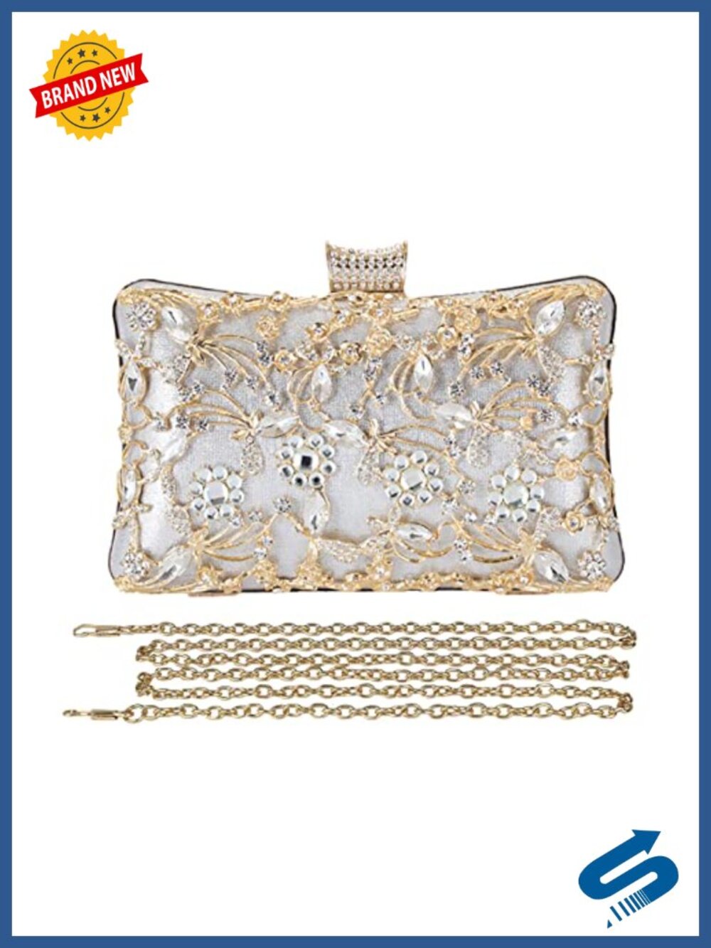 Rhinestone Floral Evening Clutch Sparkly Sequin Glitter Handbag with Chain